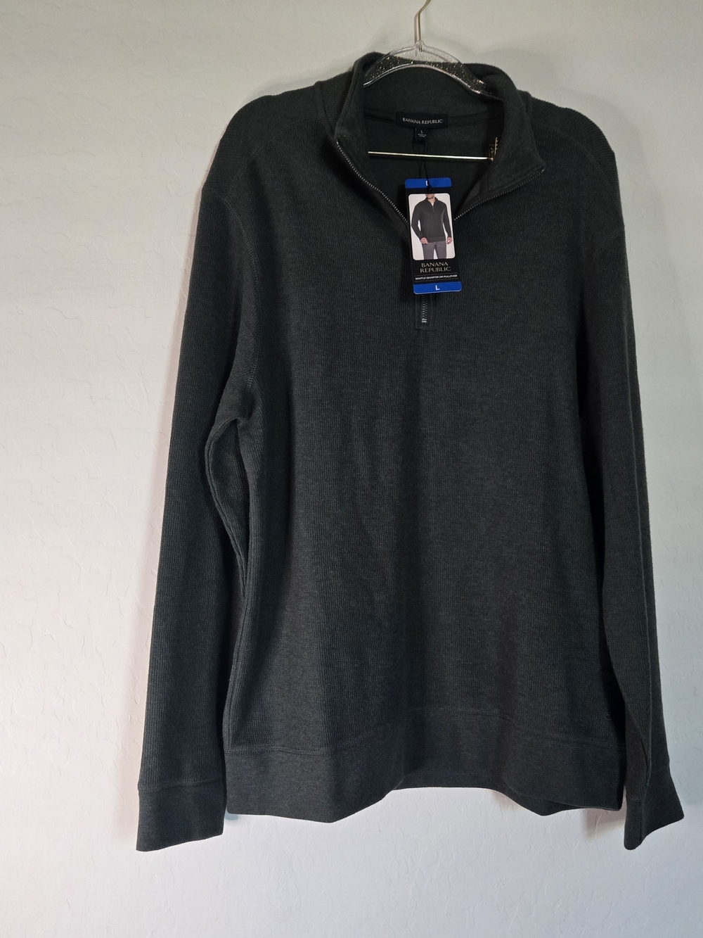 Banana Republic Men's Waffle Knit Quarter Zip Pullover Sweater Green Size L NWT